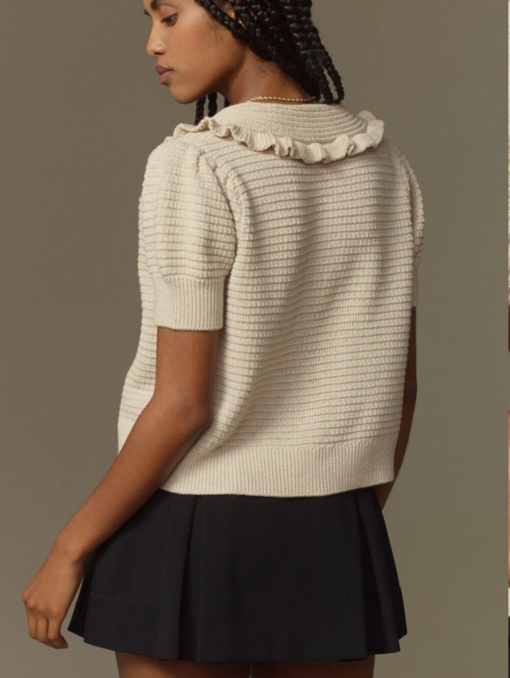 ANTHROPOLOGIE Self Contrast Ansley Ruffle Collar Knit Cardigan Neutral S NWOT - Picture 2 of 11